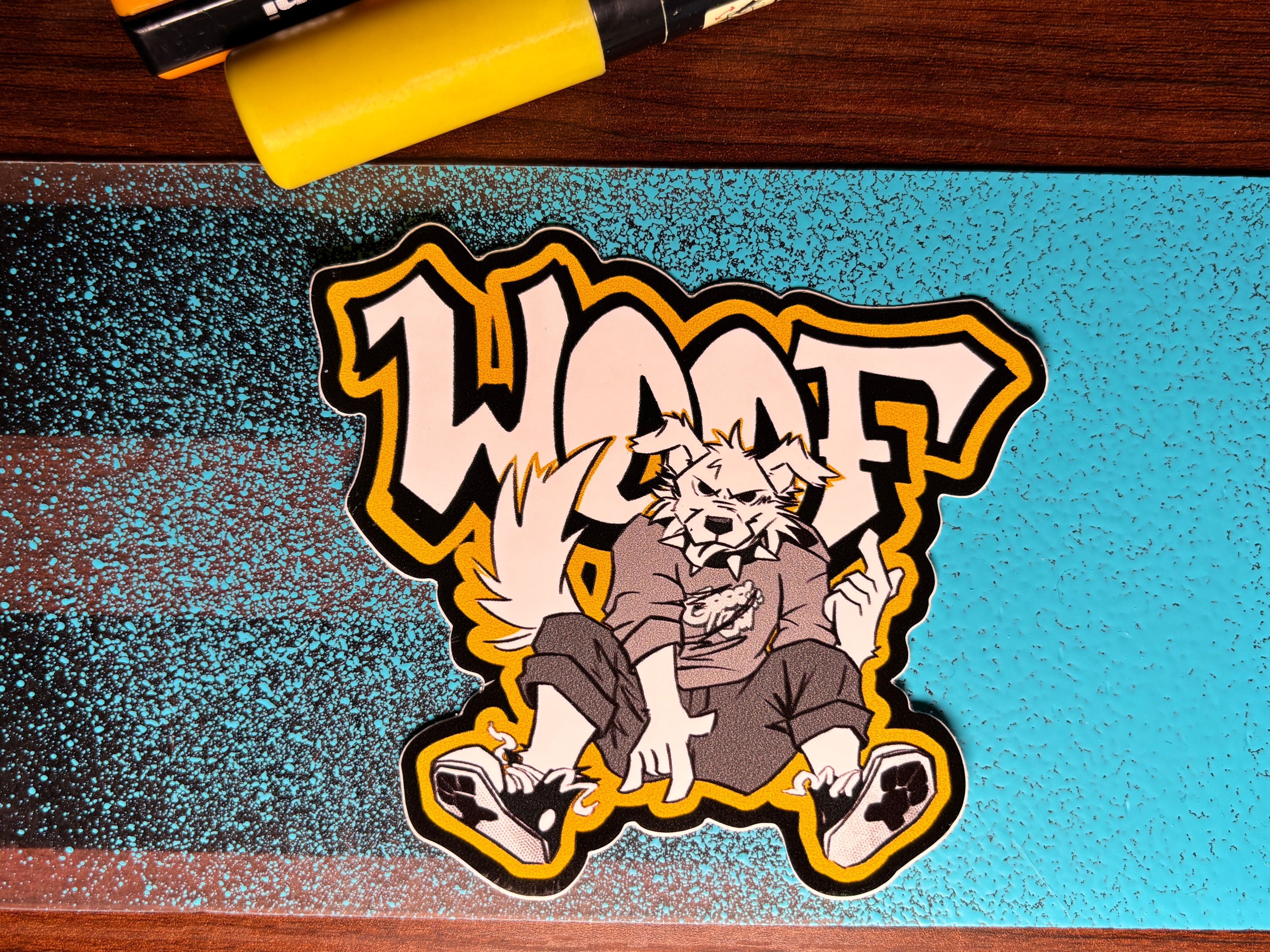 Woof -Large Vinyl Sticker (Black & Yellow)